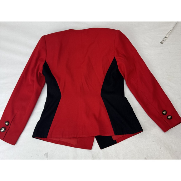 Petite Sophisticate Blazer Red Black Cinched 80s Twee Shoulder Pads Retro Office - Picture 2 of 12